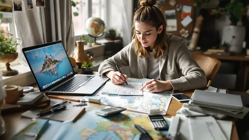 A young traveler sits at a desk with travel essentials, including a map, calculator, laptop, and notebook, planning a budget using a trip budget calculator. The room is cozy with natural light and travel-themed decor like a globe and postcards.