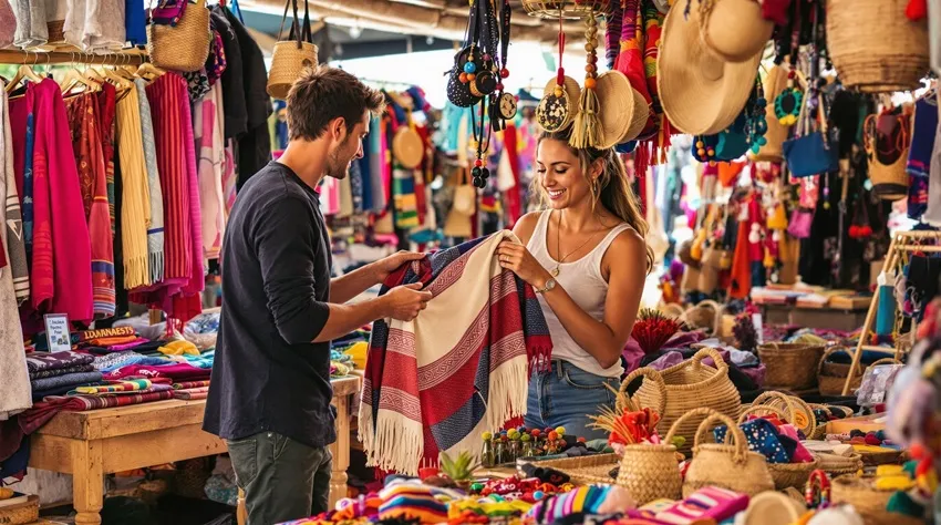 A traveler shopping at a local market, holding handmade clothing and accessories.