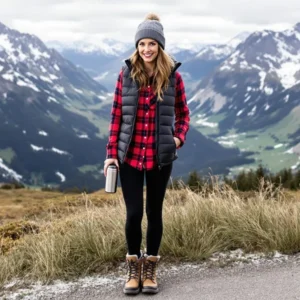 Leggings, flannel shirt, puffer vest, and hiking boots for mountain adventures.