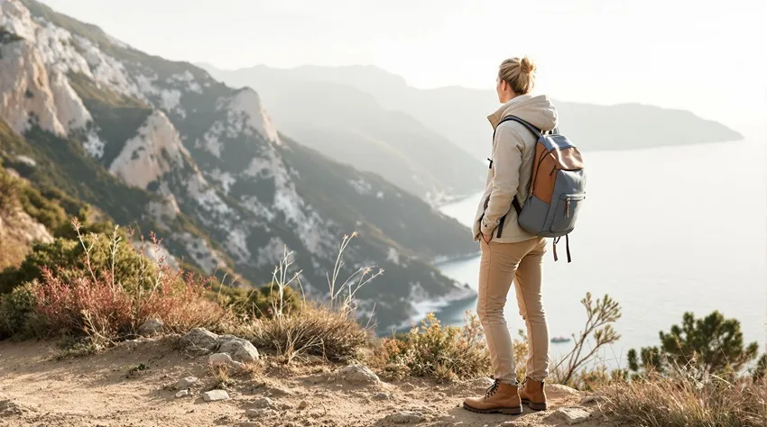 A stylish traveler with a backpack, wearing neutral-toned clothing and accessories, standing in a scenic outdoor location.