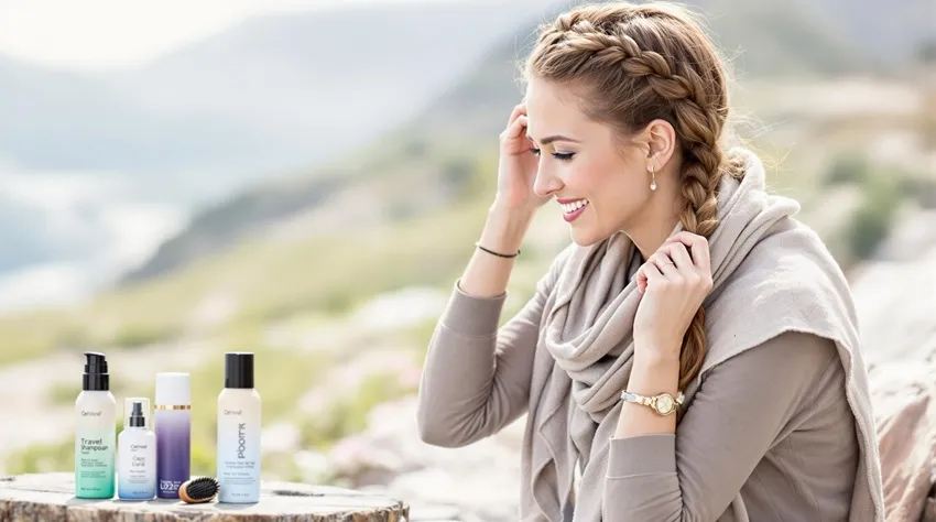 A traveler braiding their hair outdoors, with a scarf and dry shampoo visible in the background.