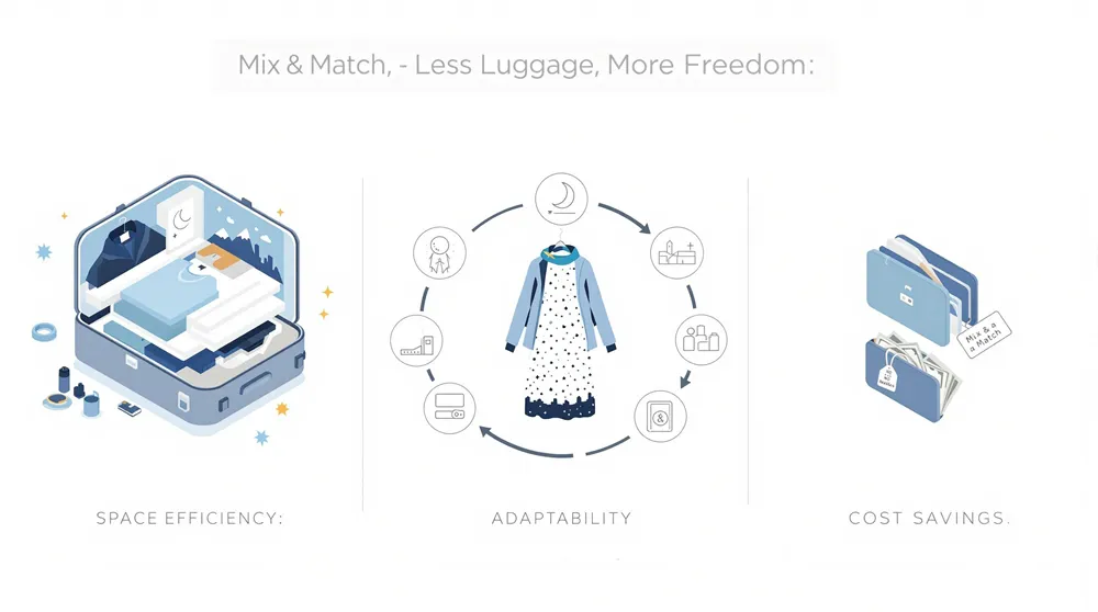 Infographic explaining benefits of versatile travel outfits: space efficiency, adaptability, and cost savings.