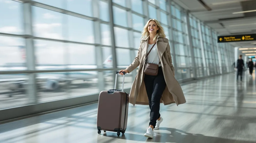 Happy traveler holding a carry-on suitcase at an airport terminal.