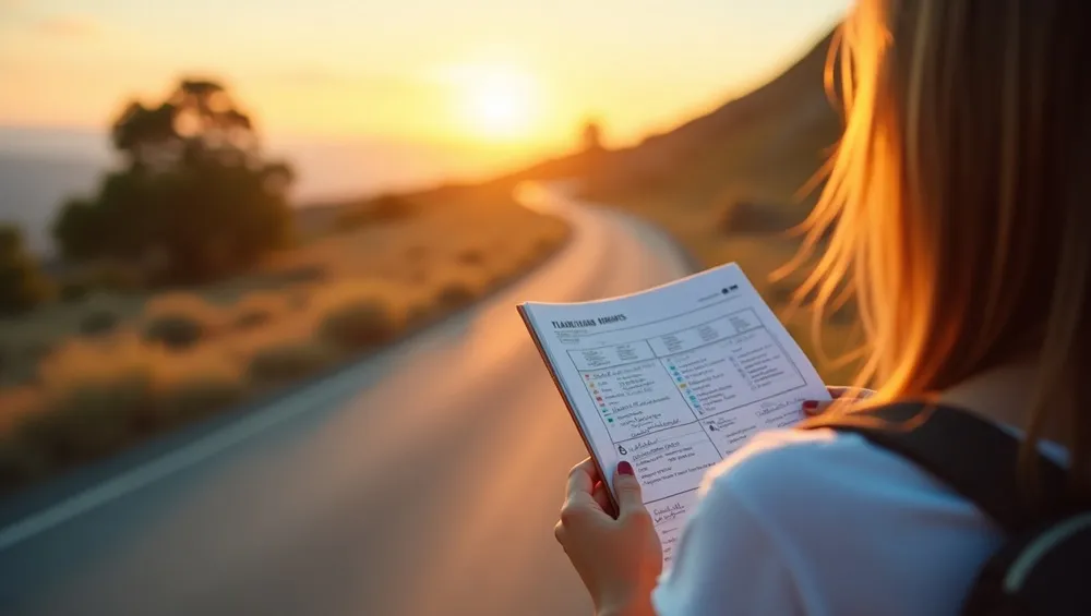 Traveler checking a travel checklist and roadmap, symbolizing planning the next trip.