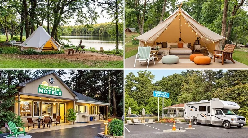 Collage of affordable accommodation options including camping, glamping, and budget motels