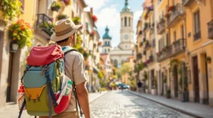 Backpacker exploring a scenic European city on a budget