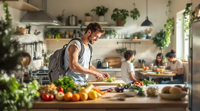 Traveler preparing a meal in a hostel kitchen using local groceries  – Cheapest European Countries to Visit