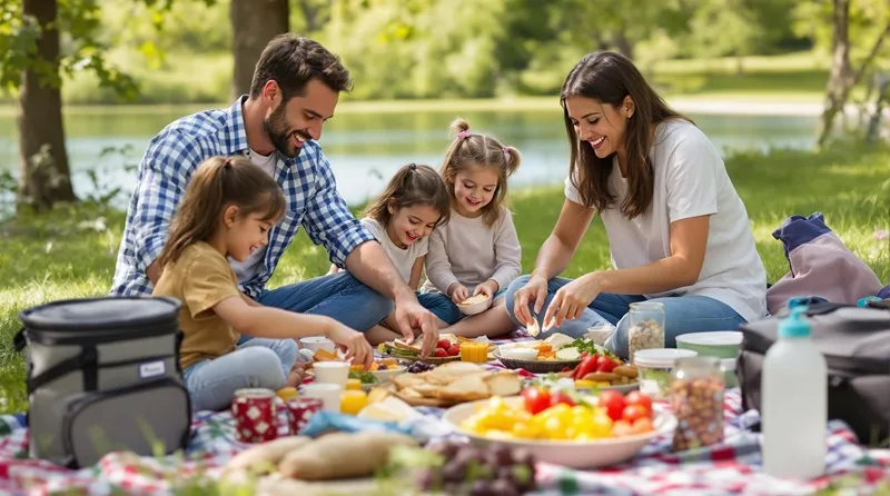 Family preparing and enjoying a budget-friendly picnic meal during the Best road trips in USA