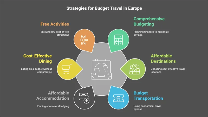 Infographic outlining key strategies for budget travel in Europe