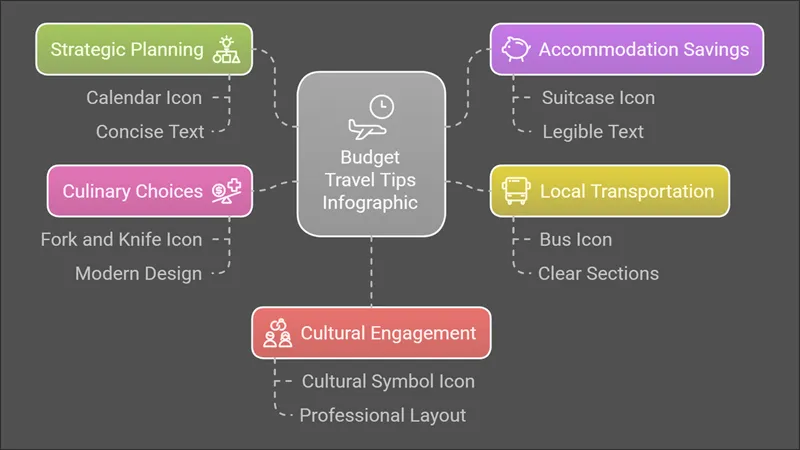 Infographic highlighting essential budget travel tips for international trips