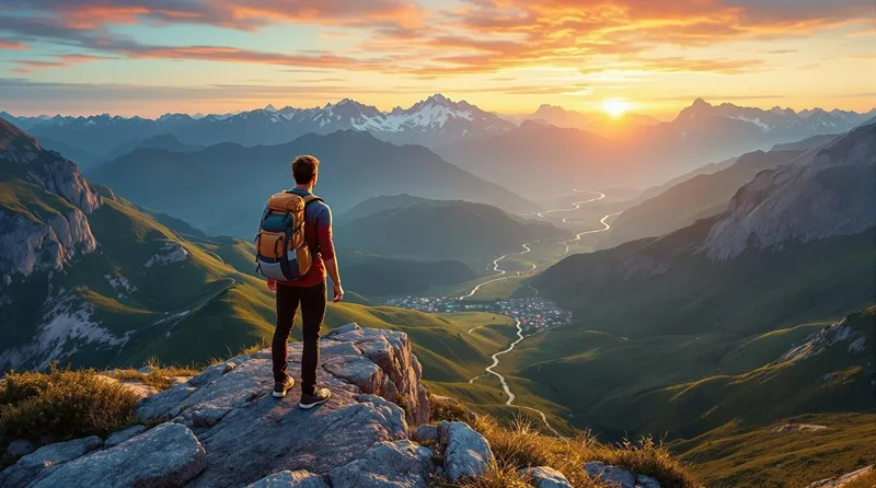 Inspiring view of a traveler standing on a mountaintop overlooking a beautiful landscape cheap international vacations