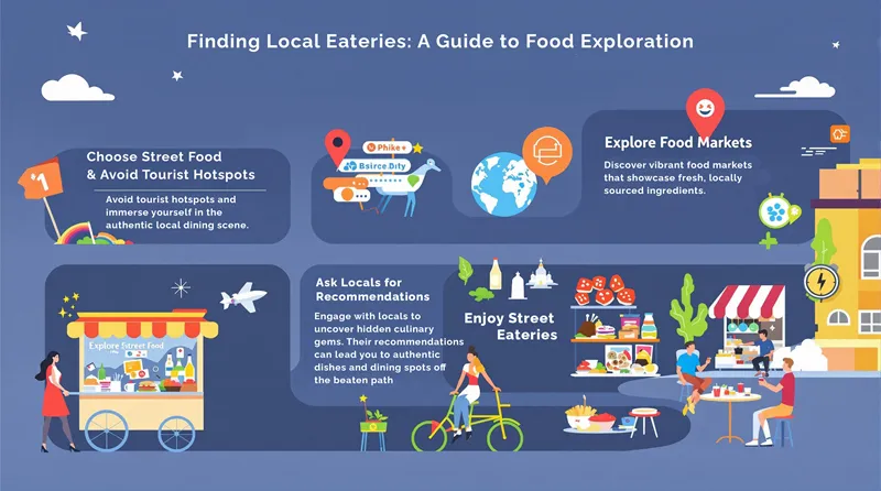 Infographic showing tips for finding and enjoying local eateries and street food while traveling