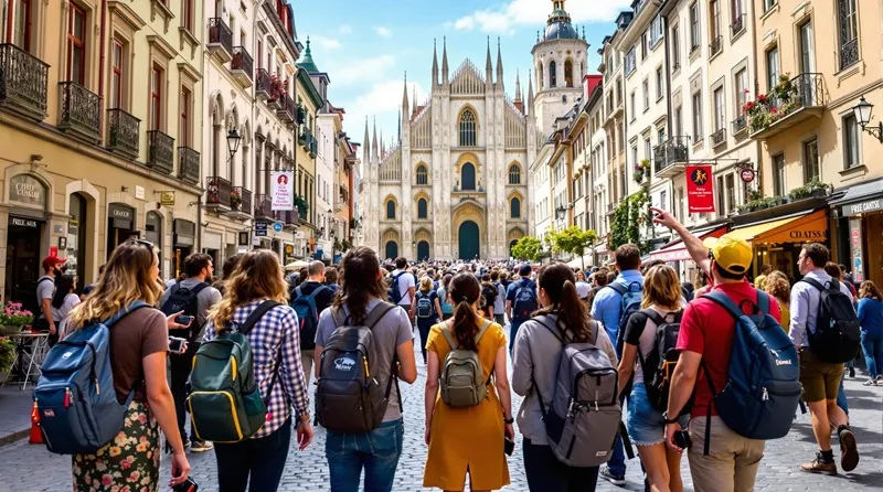 Group of travelers enjoying a free walking tour in a European city  – Cheapest European Countries to Visit