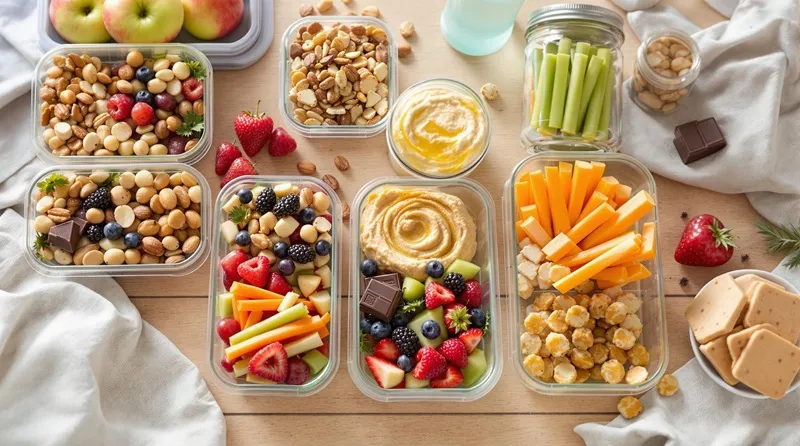 Healthy travel snacks including nuts, fruits, and dark chocolate arranged in reusable containers