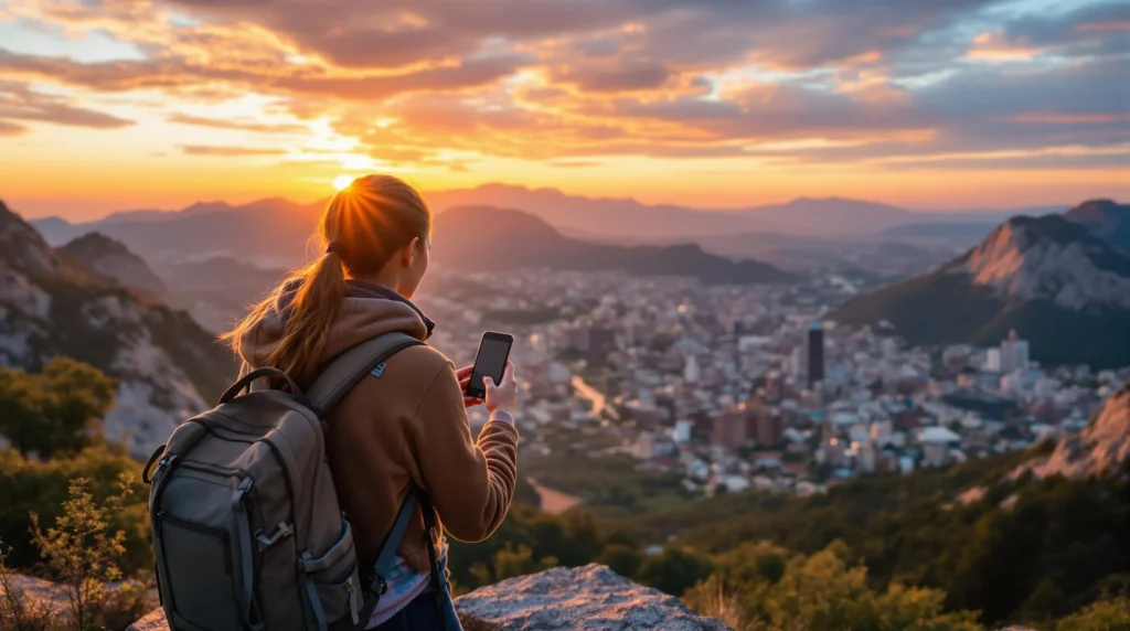 Inspirational image of a traveler exploring a beautiful destination, encouraging the use of travel savings strategies travel discounts sites