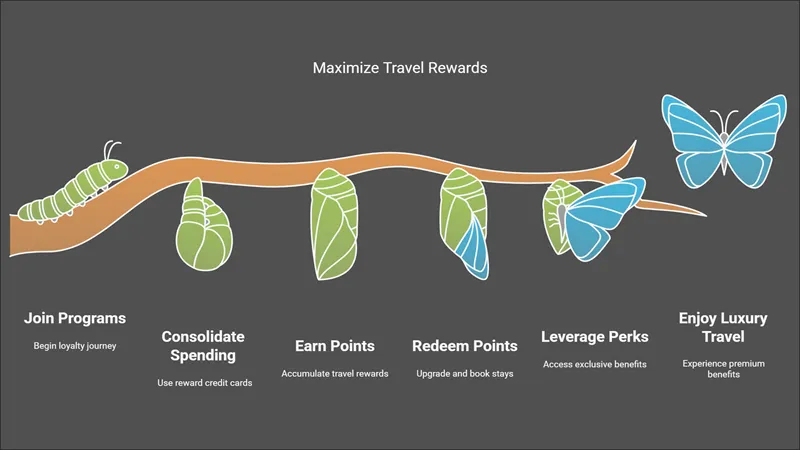 Infographic showing steps to maximize loyalty and rewards programs for luxury travel benefits.