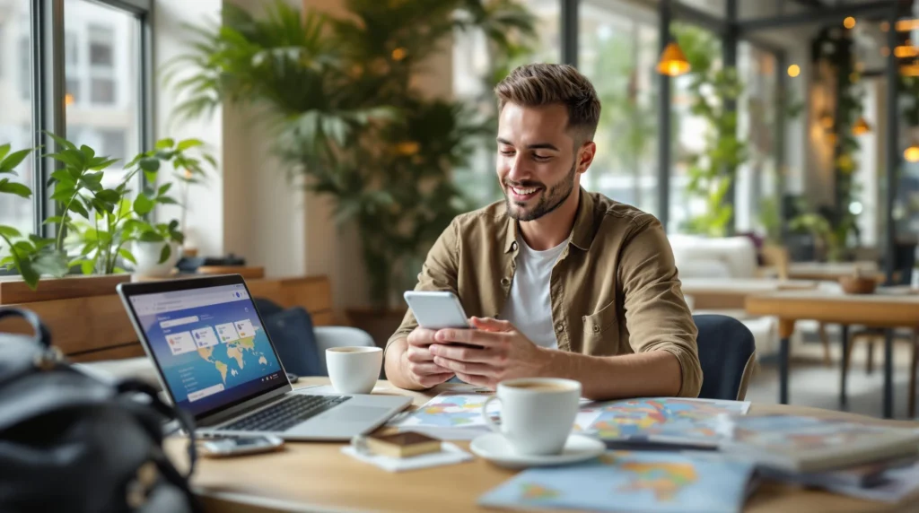 Modern traveler using a smartphone to book flights and accommodations online, representing travel savings and planning