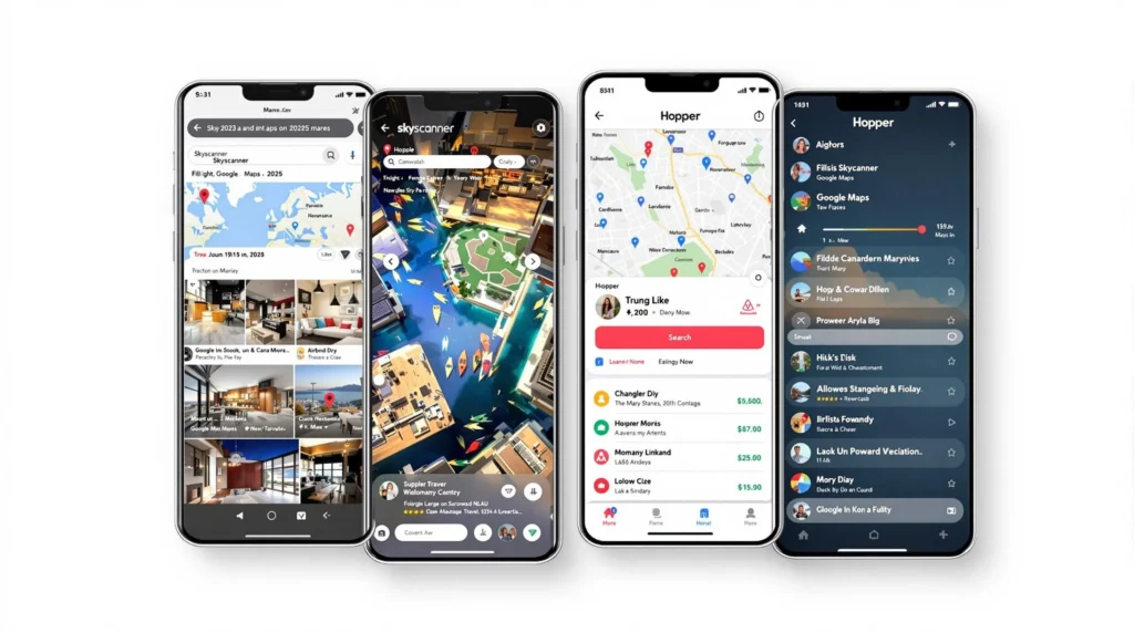 Collage of screenshots from top travel apps like Skyscanner, Google Maps, Airbnb, and Hopper, essential for 2025 travelers travel discounts sites