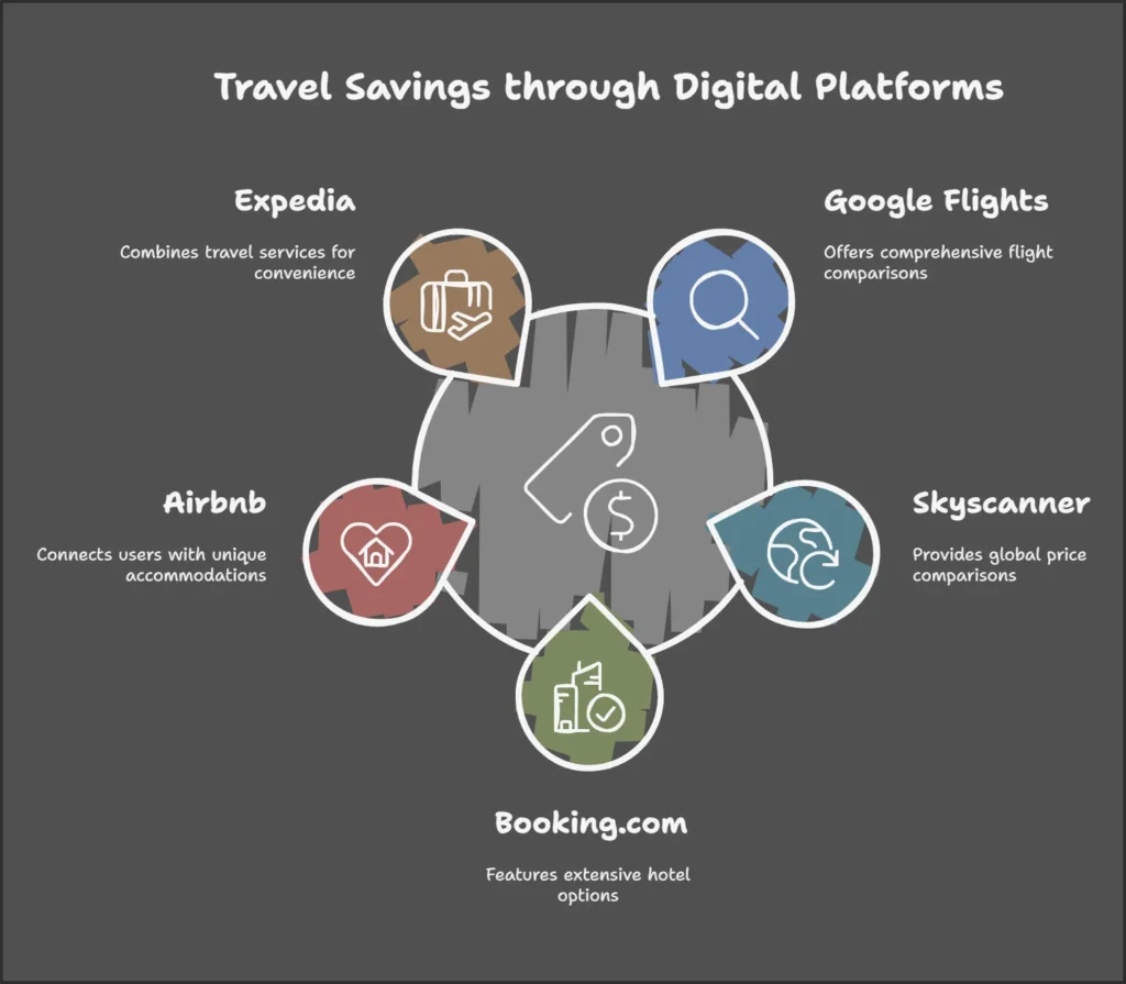 Infographic showcasing top websites and apps for booking flights, hotels, and vacation rentals to save money on travel