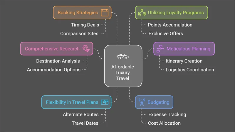 Infographic outlining strategic research and planning steps for affordable luxury travel.