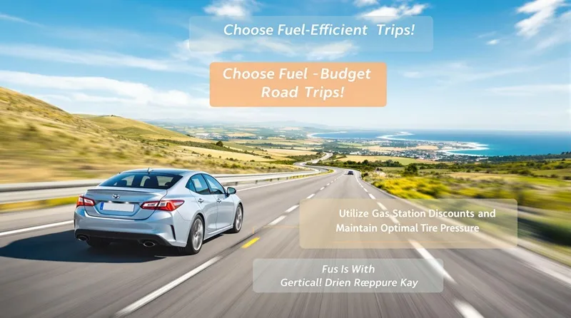 Fuel-efficient car driving on a scenic highway with transportation tips overlay