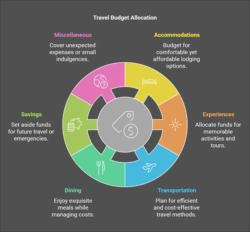 Pie chart illustrating a balanced travel budget for affordable luxury, including accommodations and experiences. last minute luxury hotel deals