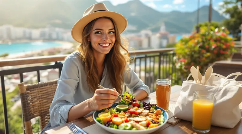 Traveler enjoying a healthy meal with scenic background during vacation