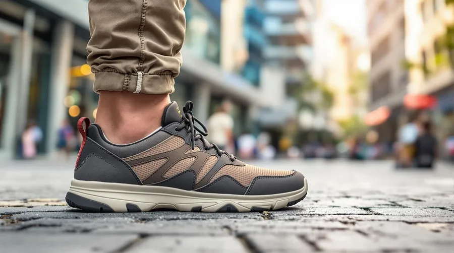 Close-up of a traveler’s feet in supportive shoes during an urban exploration