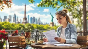 Traveler reviewing travel insurance documents with famous landmarks in the background