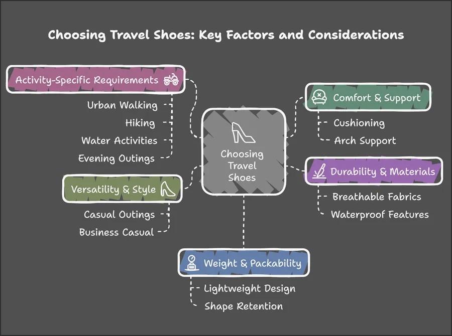 Infographic listing key factors: comfort, support, durability, versatility, weight, and activity-specific features for travel shoes