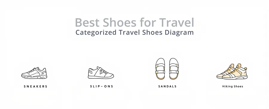 Chart displaying travel shoe categories—sneakers, slip-ons, sandals, and hiking shoes—with corresponding icons and features