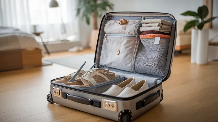 Well-organized carry-on featuring packing cubes and neatly arranged travel shoes for efficient luggage management.