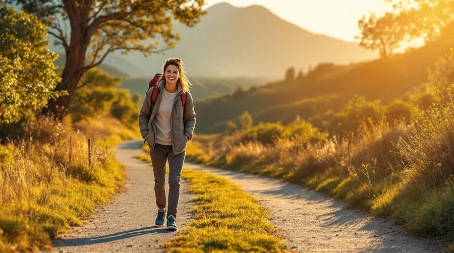 Traveler strolling on a scenic path wearing stylish, comfortable travel shoes